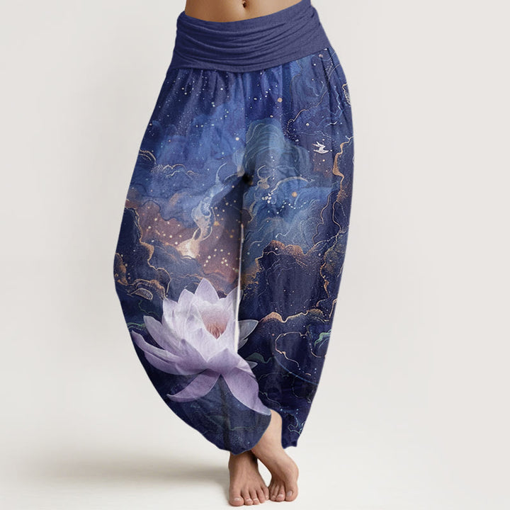 Pantalon Buddha Stones décontracté à taille élastique pour femme, motif lotus, ciel étoilé et nuages - Marine - US22，UK/AU26，EU54 (6XL) - image 8