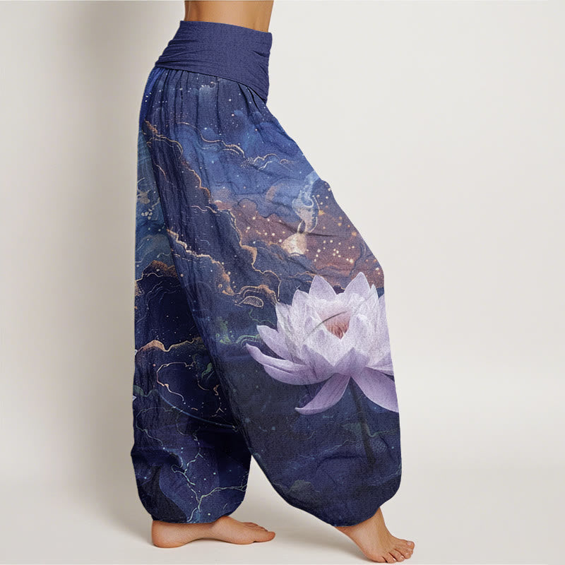 Pantalon harem femme en coton décontracté à taille élastique, motif lotus, ciel étoilé et nuages, avec Buddha Stones - image 8