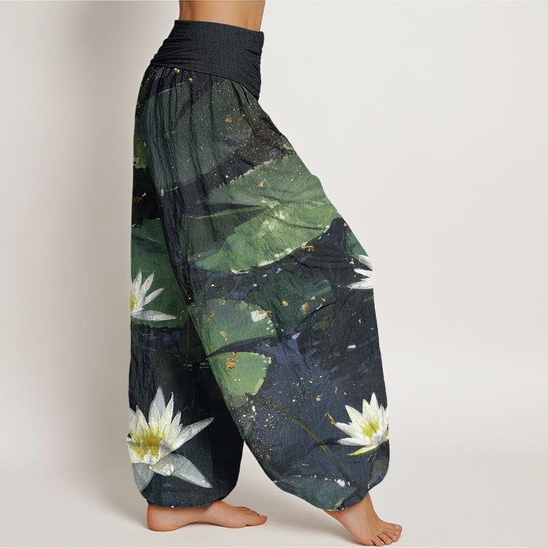 Pantalon sarouel décontracté à taille élastique pour femme, motif feuilles de lotus sur le lac , Buddha Stones - image 2