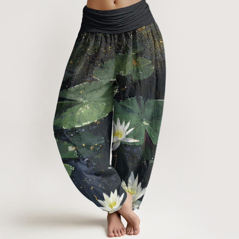 Pantalon sarouel décontracté à taille élastique pour femme, motif feuilles de lotus sur le lac , Buddha Stones - Vert - US22，UK/AU26，EU54 (6XL) - image 1
