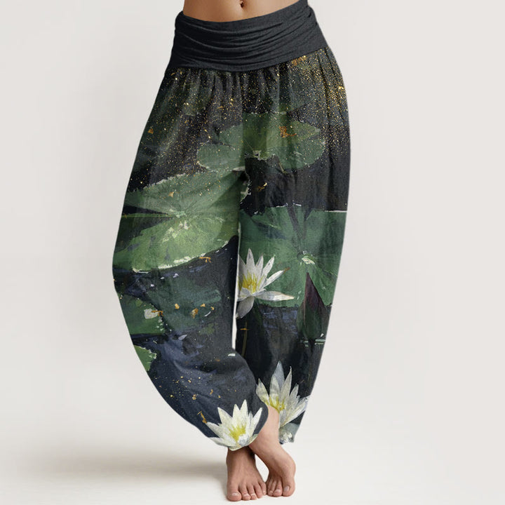 Pantalon sarouel décontracté à taille élastique pour femme, motif feuilles de lotus sur le lac , Buddha Stones - Vert - US22，UK/AU26，EU54 (6XL) - image 1