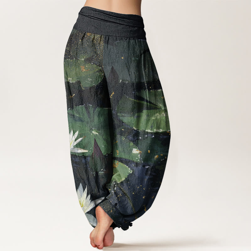 Pantalon sarouel décontracté à taille élastique pour femme, motif feuilles de lotus sur le lac , Buddha Stones - image 3