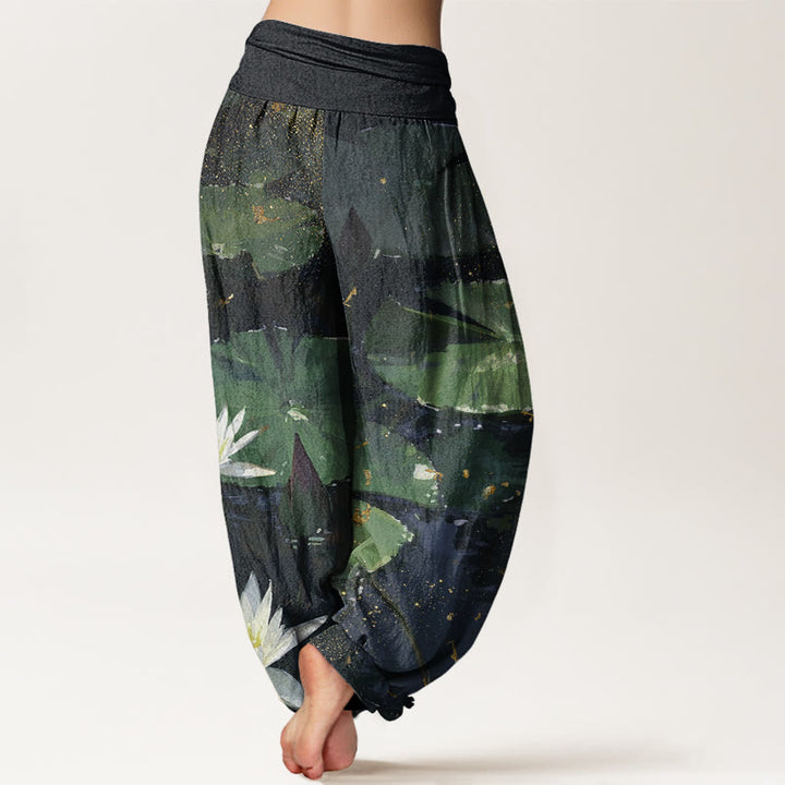 Pantalon sarouel décontracté à taille élastique pour femme, motif feuilles de lotus sur le lac , Buddha Stones - image 3