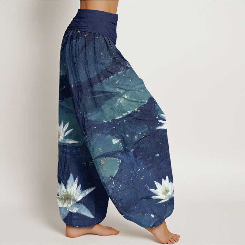 Pantalon sarouel décontracté à taille élastique pour femme, motif feuilles de lotus sur le lac , Buddha Stones - image 6