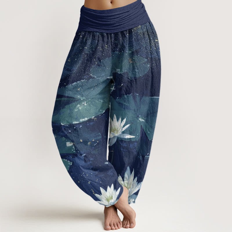Pantalon sarouel décontracté à taille élastique pour femme, motif feuilles de lotus sur le lac , Buddha Stones - Bleu foncé - US22，UK/AU26，EU54 (6XL) - image 5