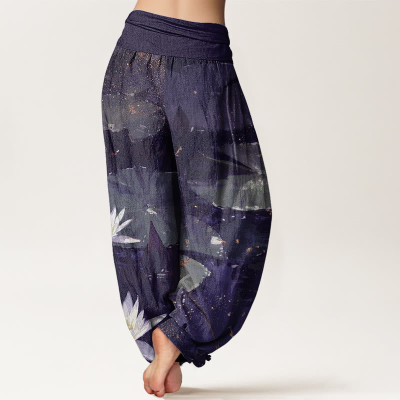 Pantalon sarouel décontracté à taille élastique pour femme, motif feuilles de lotus sur le lac , Buddha Stones - image 10