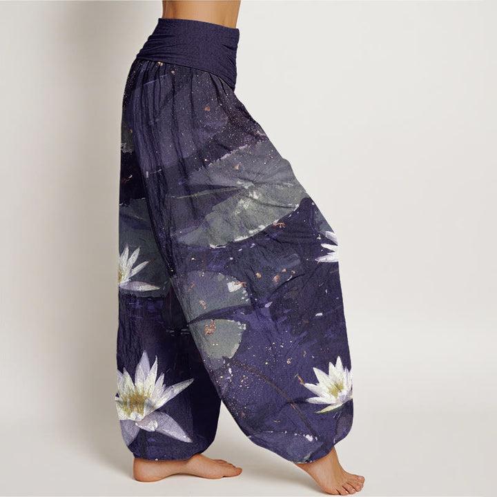 Pantalon sarouel décontracté à taille élastique pour femme, motif feuilles de lotus sur le lac , Buddha Stones - image 9