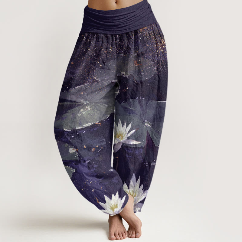 Pantalon sarouel décontracté à taille élastique pour femme, motif feuilles de lotus sur le lac , Buddha Stones - Indigo - US22，UK/AU26，EU54 (6XL) - image 8