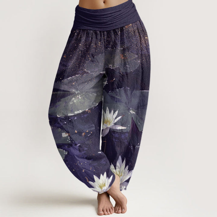 Pantalon sarouel décontracté à taille élastique pour femme, motif feuilles de lotus sur le lac , Buddha Stones - Indigo - US22，UK/AU26，EU54 (6XL) - image 8