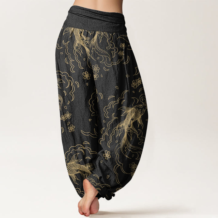 Pantalon Buddha Stones décontracté à taille élastique pour femme, motif vagues et pétales de poissons koï - image 2