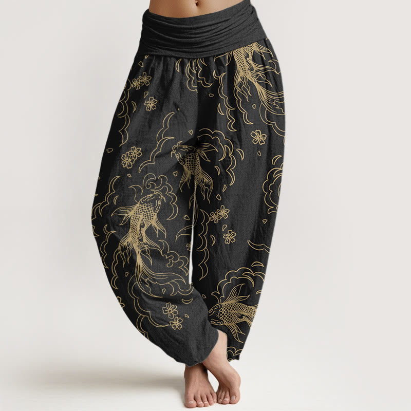Pantalon harem à taille élastique pour femme, en coton décontracté, motif vagues et pétales de carpes koï, avec Buddha Stones - Noir - US22，UK/AU26，EU54 (6XL) - image 0