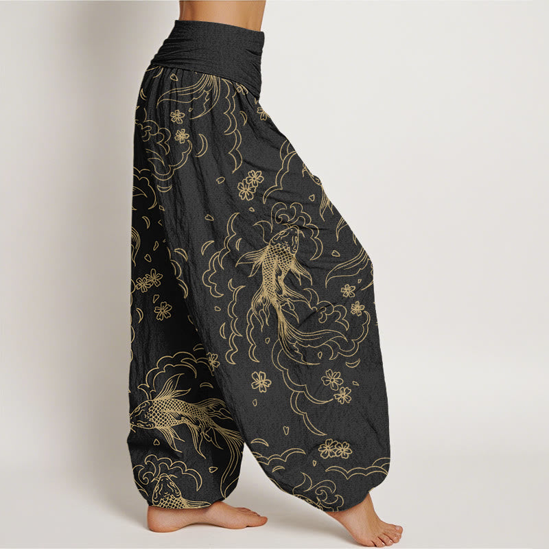Pantalon harem à taille élastique pour femme, en coton décontracté, motif vagues et pétales de carpes koï, avec Buddha Stones - image 1