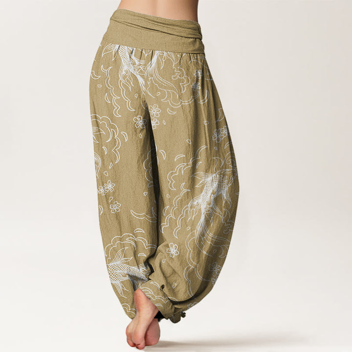 Pantalon Buddha Stones décontracté à taille élastique pour femme, motif vagues et pétales de poissons koï - image 6