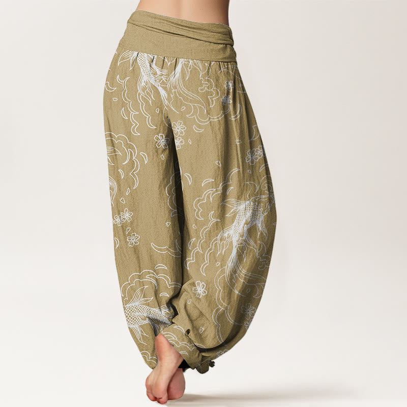 Pantalon Buddha Stones décontracté à taille élastique pour femme, motif vagues et pétales de poissons koï - image 7