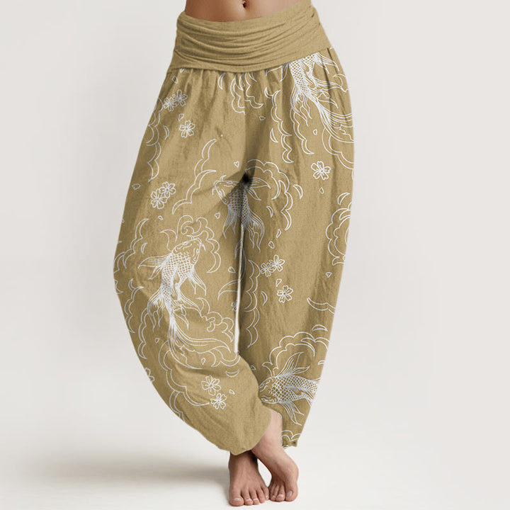 Pantalon harem à taille élastique pour femme, en coton décontracté, motif vagues et pétales de carpes koï, avec Buddha Stones - Jaune d'or pâle - US22，UK/AU26，EU54 (6XL) - image 4