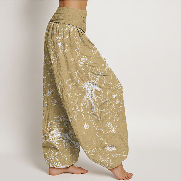 Pantalon Buddha Stones décontracté à taille élastique pour femme, motif vagues et pétales de poissons koï - image 5