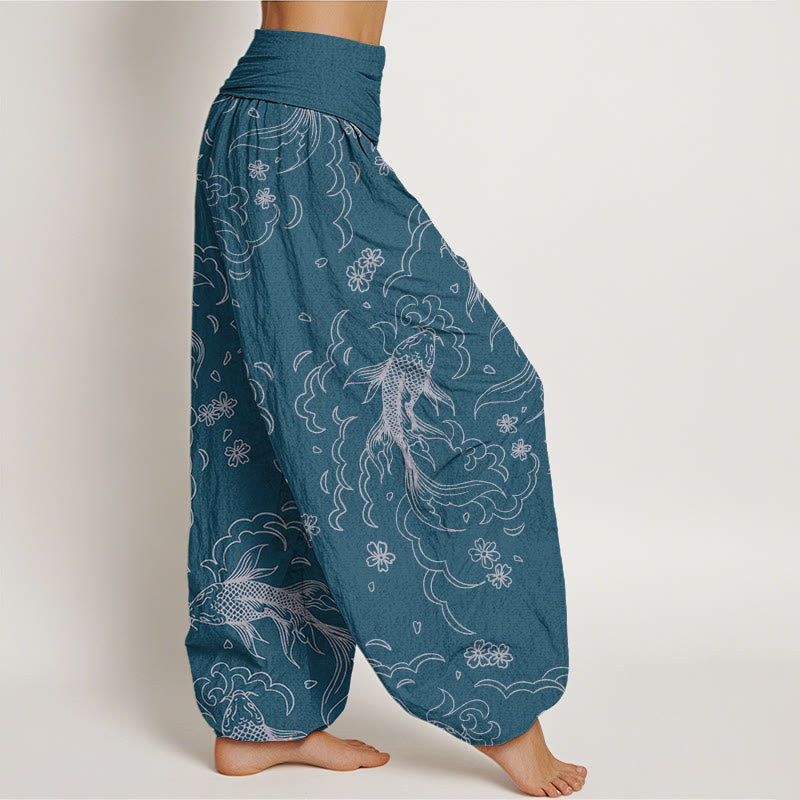 Pantalon Buddha Stones décontracté à taille élastique pour femme, motif vagues et pétales de poissons koï - image 8