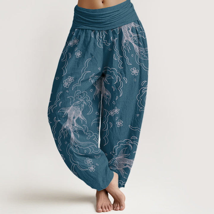 Pantalon Buddha Stones décontracté à taille élastique pour femme, motif vagues et pétales de poissons koï - Bleu acier - US22，UK/AU26，EU54 (6XL) - image 8