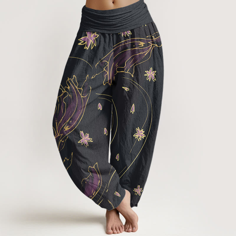 Pantalon Buddha Stones décontracté à taille élastique pour femme, motif poisson koï, fleurs de cerisier - Indigo - US22，UK/AU26，EU54 (6XL) - image 1