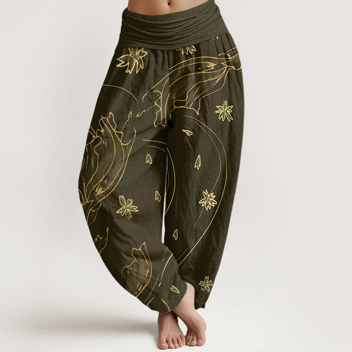 Pantalon Buddha Stones décontracté à taille élastique pour femme, motif poisson koï, fleurs de cerisier - Olive - US22，UK/AU26，EU54 (6XL) - image 5