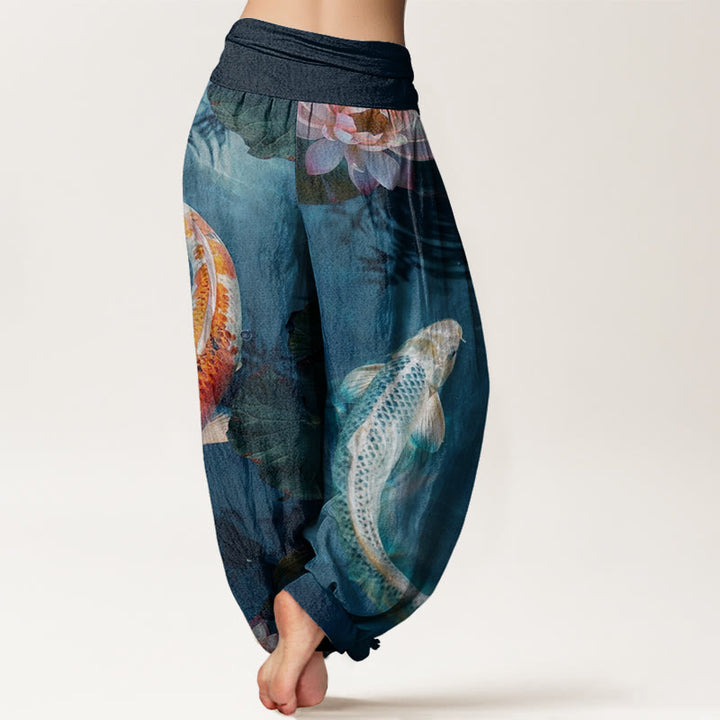 Pantalon Buddha Stones décontracté à taille élastique pour femme, motif poisson koï, lotus, ondulations d'eau