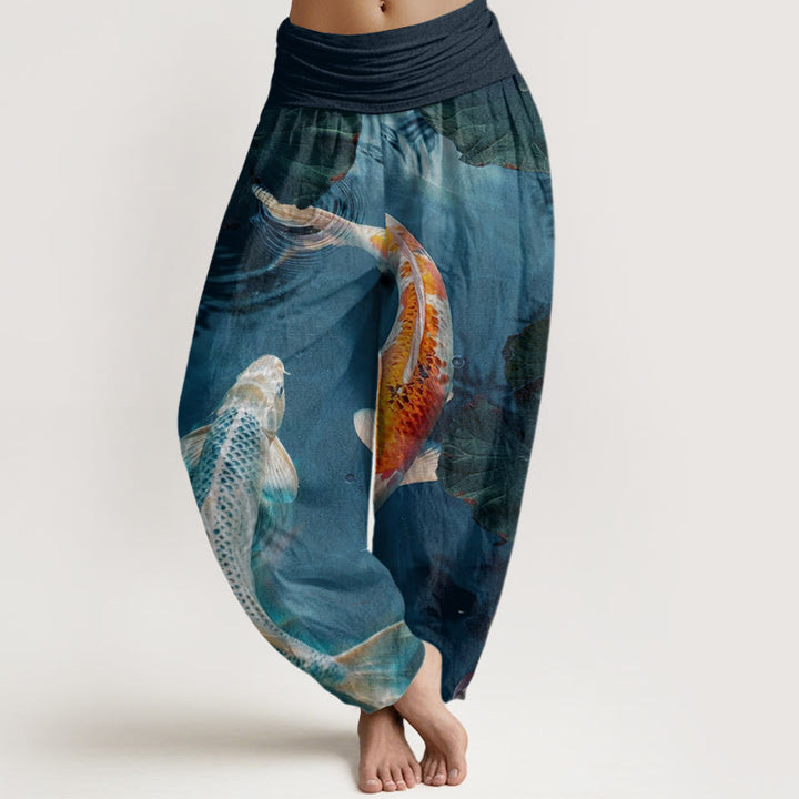 Pantalon Buddha Stones décontracté à taille élastique pour femme, motif poisson koï, lotus, ondulations d'eau
