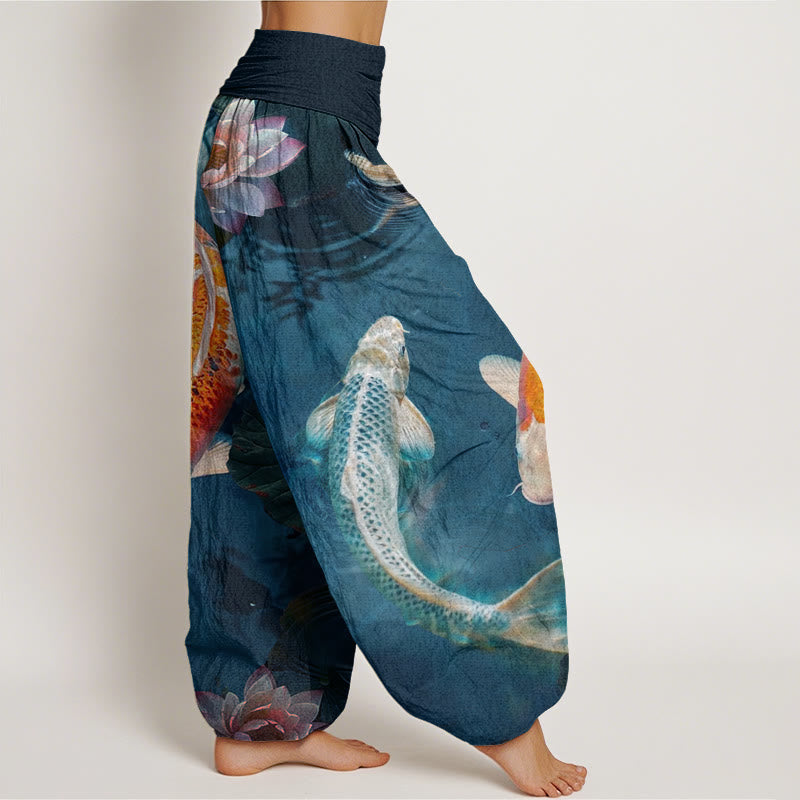 Pantalon Buddha Stones décontracté à taille élastique pour femme, motif poisson koï, lotus, ondulations d'eau