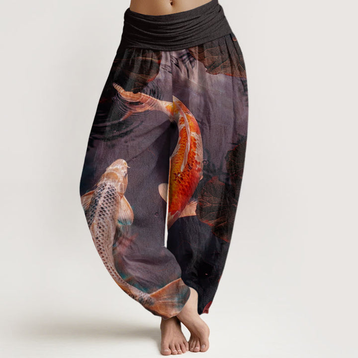 Pantalon Buddha Stones décontracté à taille élastique pour femme, motif poisson koï, lotus, ondulations d'eau