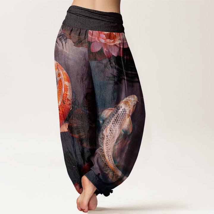 Pantalon Buddha Stones décontracté à taille élastique pour femme, motif poisson koï, lotus, ondulations d'eau