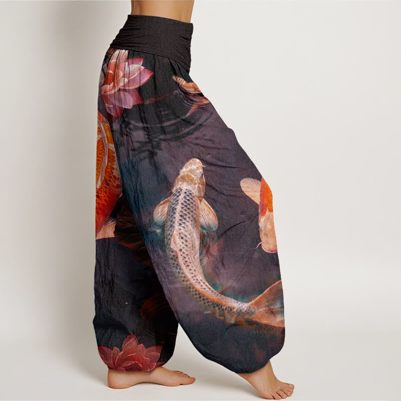 Pantalon Buddha Stones décontracté à taille élastique pour femme, motif poisson koï, lotus, ondulations d'eau