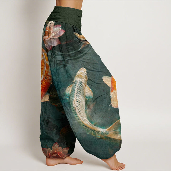 Pantalon Buddha Stones décontracté à taille élastique pour femme, motif poisson koï, lotus, ondulations d'eau - image 9