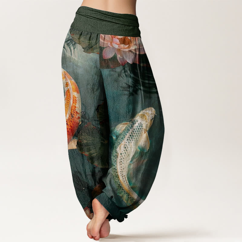 Pantalon Buddha Stones décontracté à taille élastique pour femme, motif poisson koï, lotus, ondulations d'eau - image 10