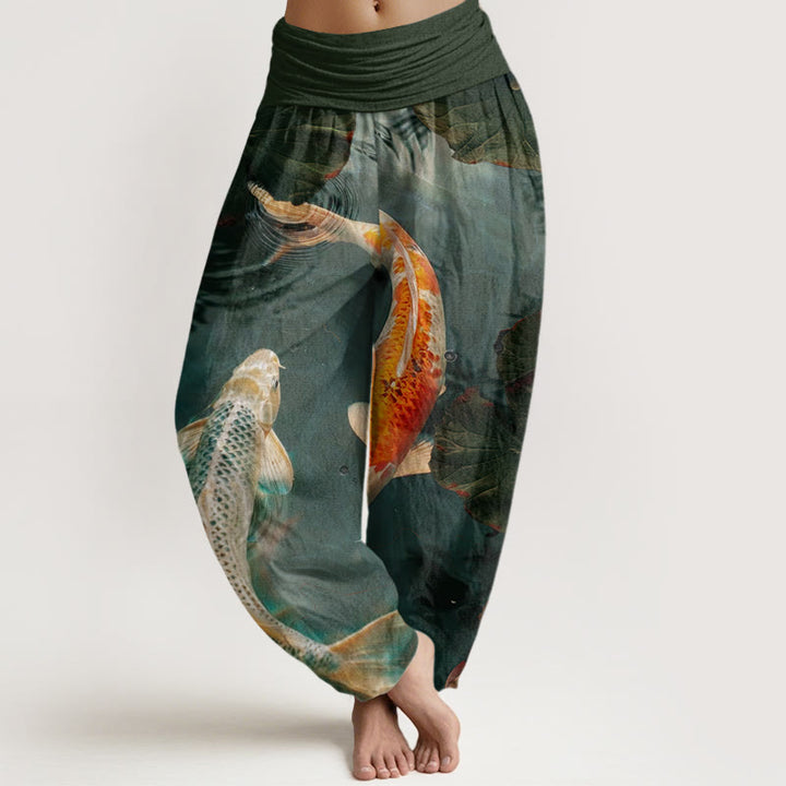 Pantalon Buddha Stones décontracté à taille élastique pour femme, motif poisson koï, lotus, ondulations d'eau
