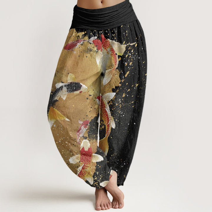 Pantalon harem à taille élastique pour femme, en coton décontracté, avec motif de carpes koï et fond doré, orné de Buddha Stones - Noir - US22，UK/AU26，EU54 (6XL) - image 0