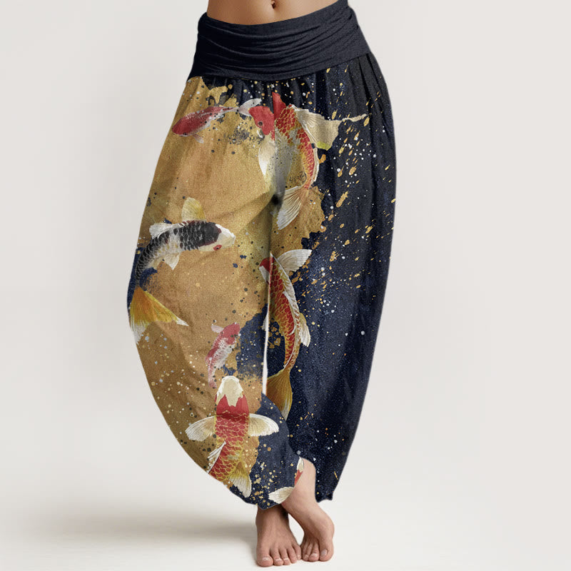 Pantalon sarouel décontracté à taille élastique pour femme, motif poisson koï doré, Buddha Stones - Bleu nuit - US22，UK/AU26，EU54 (6XL) - image 4