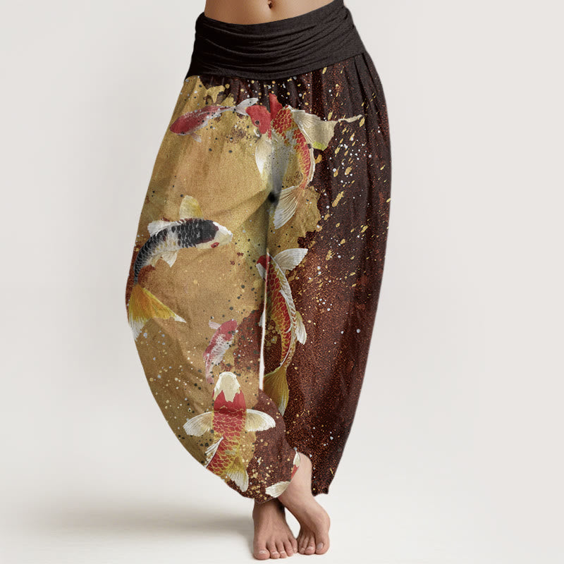 Pantalon sarouel décontracté à taille élastique pour femme, motif poisson koï doré, Buddha Stones