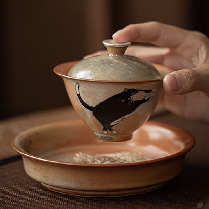 Tasse à thé Kung Fu en céramique avec couvercle Motif chat mignon et Buddha Stones 130 ml - image 10