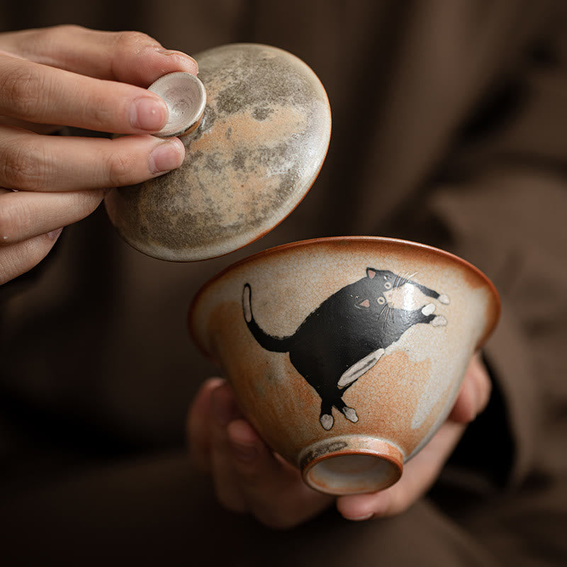 Tasse à thé Kung Fu en céramique avec couvercle Motif chat mignon et Buddha Stones 130 ml - image 2