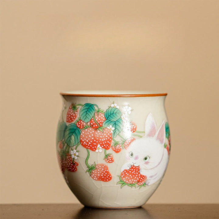 Petite tasse à thé Kung Fu 90 ml avec motif fraise et lapin Buddha Stones, coffret cadeau