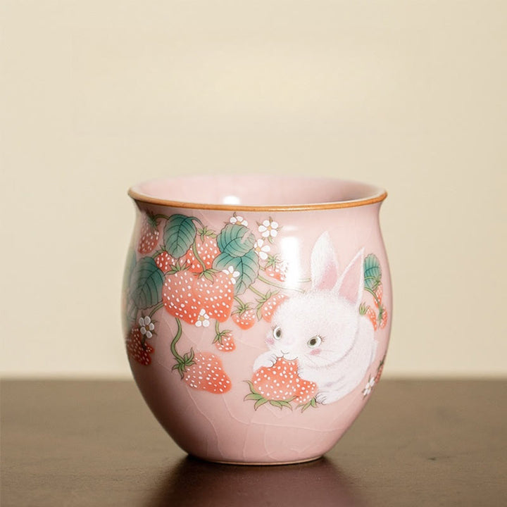 Petite tasse à thé Kung Fu 90 ml avec motif fraise et lapin Buddha Stones, coffret cadeau