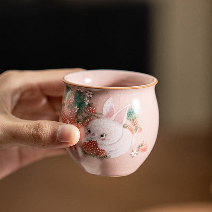 Petite tasse à thé Kung Fu 90 ml avec motif fraise et lapin Buddha Stones, coffret cadeau