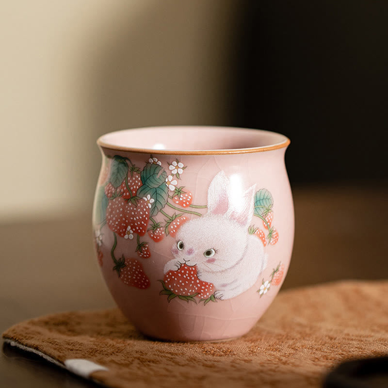 Petite tasse à thé Kung Fu 90 ml avec motif fraise et lapin Buddha Stones, coffret cadeau