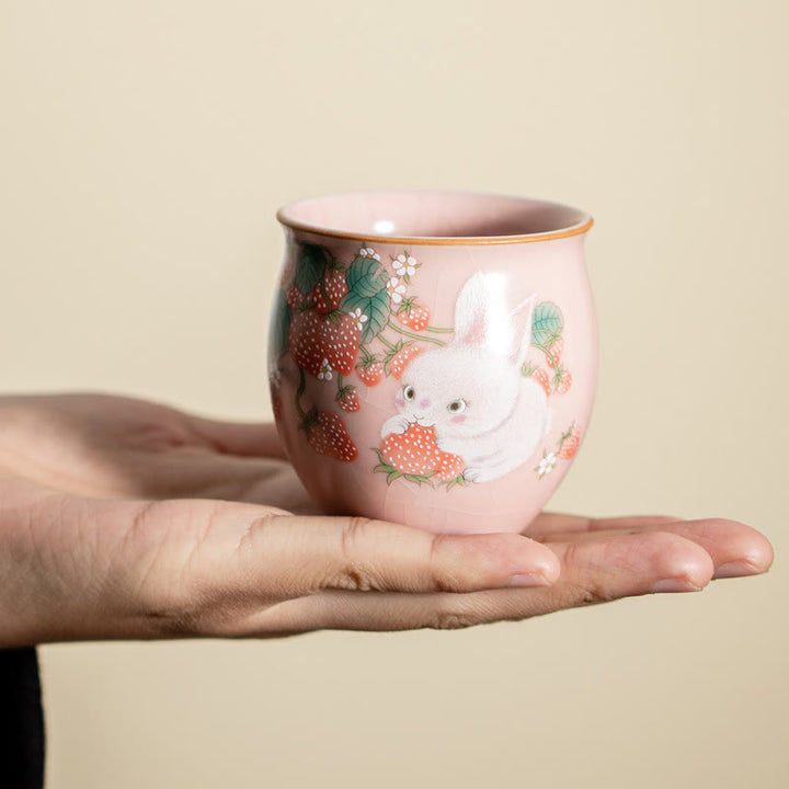 Petite tasse à thé Kung Fu 90 ml avec motif fraise et lapin Buddha Stones, coffret cadeau