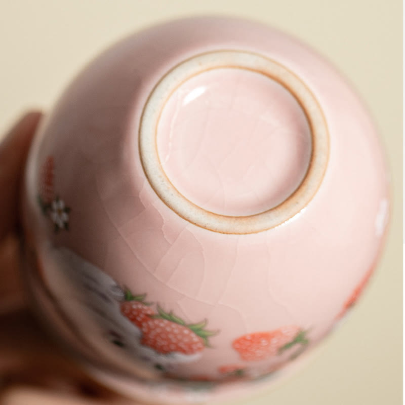 Petite tasse à thé Kung Fu 90 ml avec motif fraise et lapin Buddha Stones, coffret cadeau