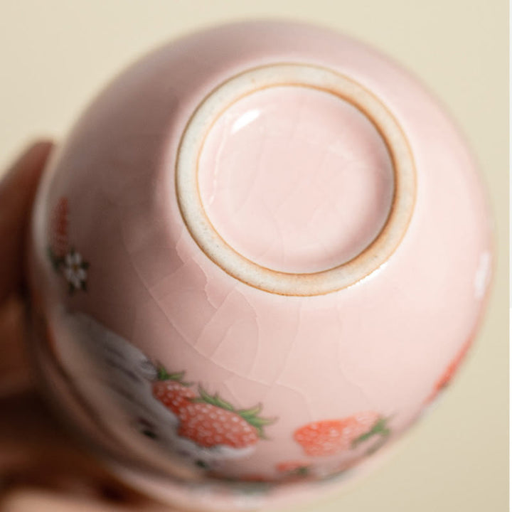 Petite tasse à thé Kung Fu 90 ml avec motif fraise et lapin Buddha Stones, coffret cadeau
