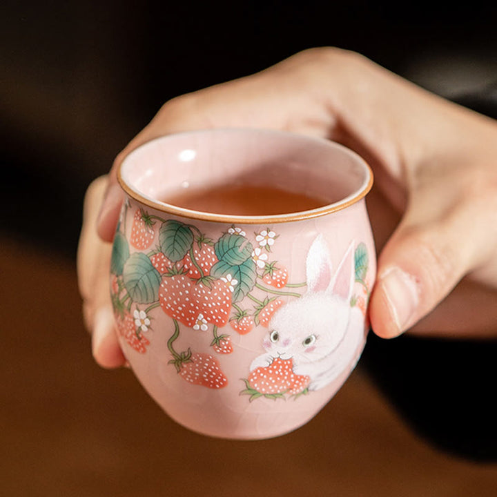 Petite tasse à thé Kung Fu 90 ml avec motif fraise et lapin Buddha Stones, coffret cadeau