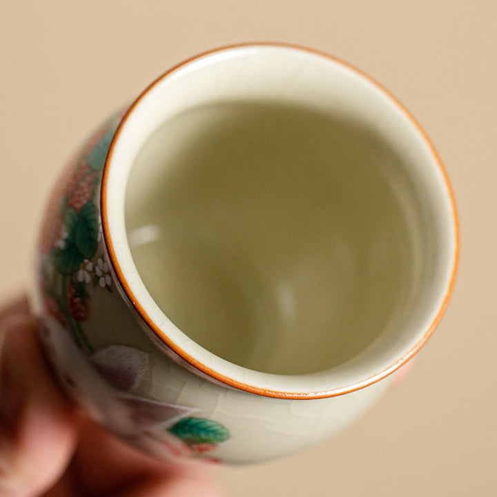 Petite tasse à thé Kung Fu 90 ml avec motif fraise et lapin Buddha Stones, coffret cadeau