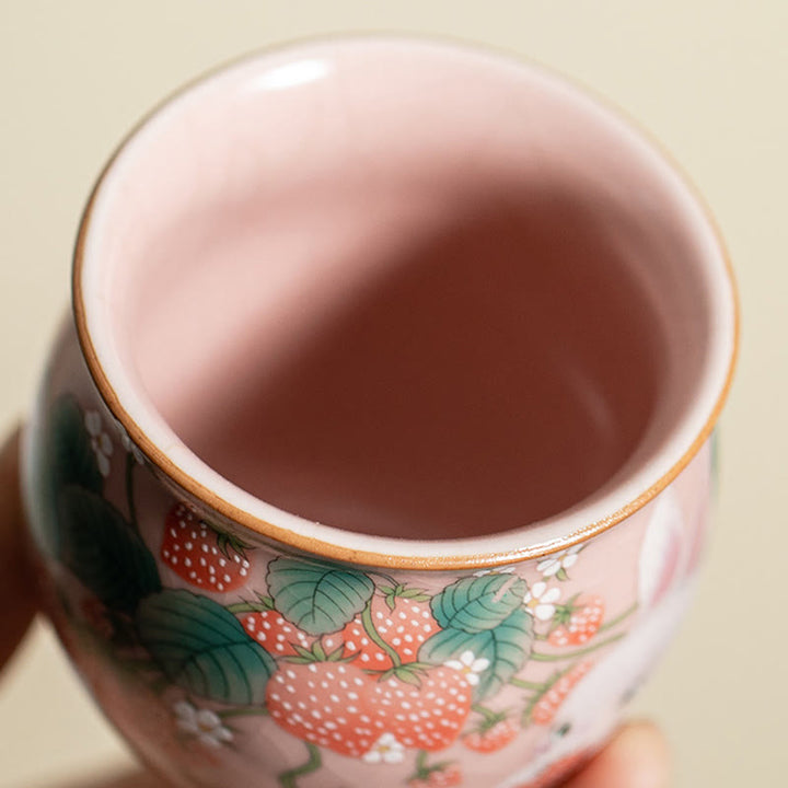 Petite tasse à thé Kung Fu 90 ml avec motif fraise et lapin Buddha Stones, coffret cadeau
