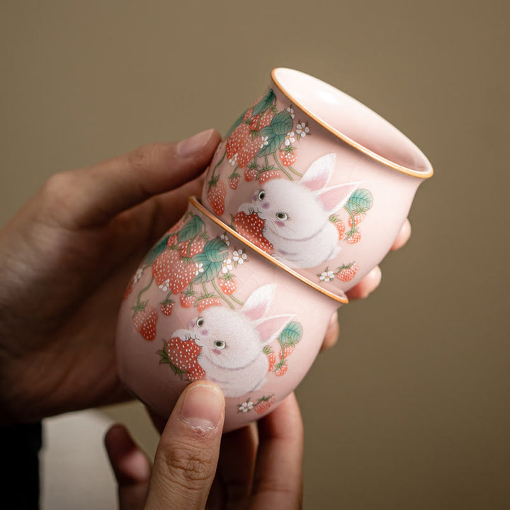 Petite tasse à thé Kung Fu 90 ml avec motif fraise et lapin Buddha Stones, coffret cadeau