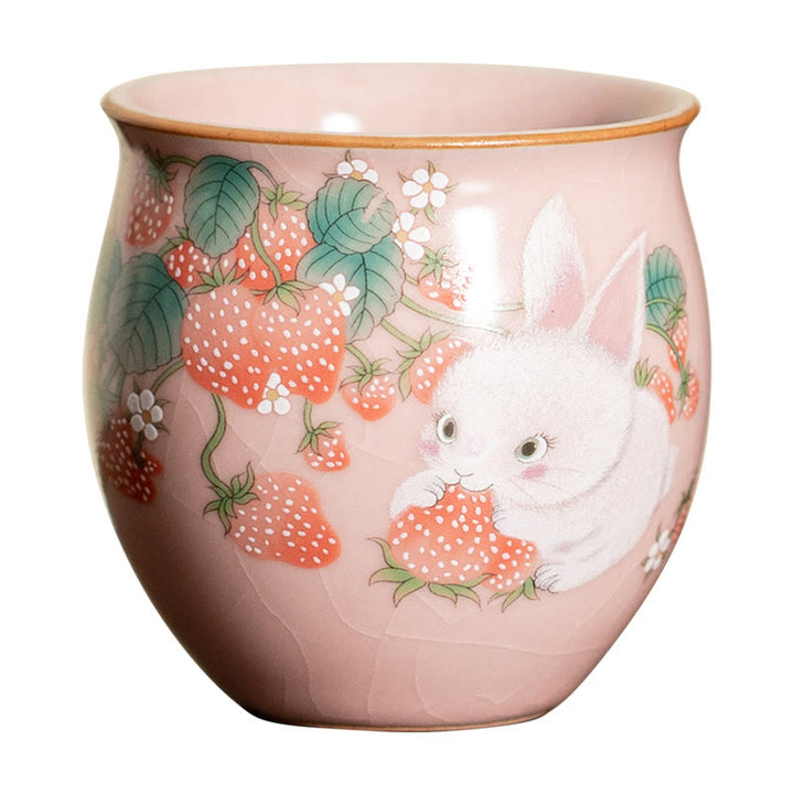 Petite tasse à thé Kung Fu 90 ml avec motif fraise et lapin Buddha Stones, coffret cadeau